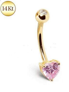 14Kt Gold Navel Ring With Prong Set Heart CZ